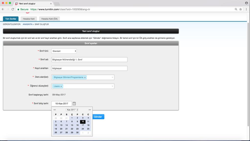 Sınıf Oluşturma Sınıf bitiş tarihi açılan takvimden seçilir.