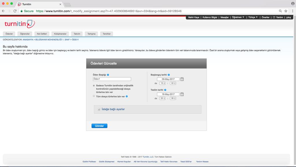 Ödevlerin Turnitin veri tabanına eklenmesi