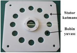 32 Resim 3.8. Stator katmanının prototip görüntüsü Nüveler, nüve katmanına monte edilip sabitlendikten sonra, her bir nüveye ikişer bobin monte edilmiştir.