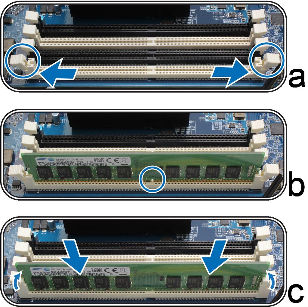 3 Yeni bellek modülünü yuvaya yerleştirin: a Yuva üzerindeki tespit klipslerini yanlara doğru itin. b Modülün altın kenarındaki çentiği bellek yuvasındaki çentiğe hizalayın.