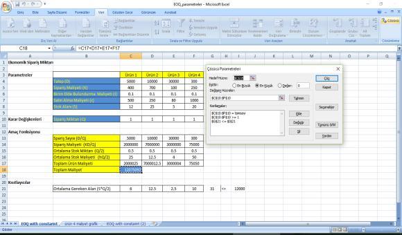 Excel Solver (4) Excel Solver (5) Kısıtlayıcılar: Kısıtlayıcılar, solver diyalog kutusunda belirtilecektir.