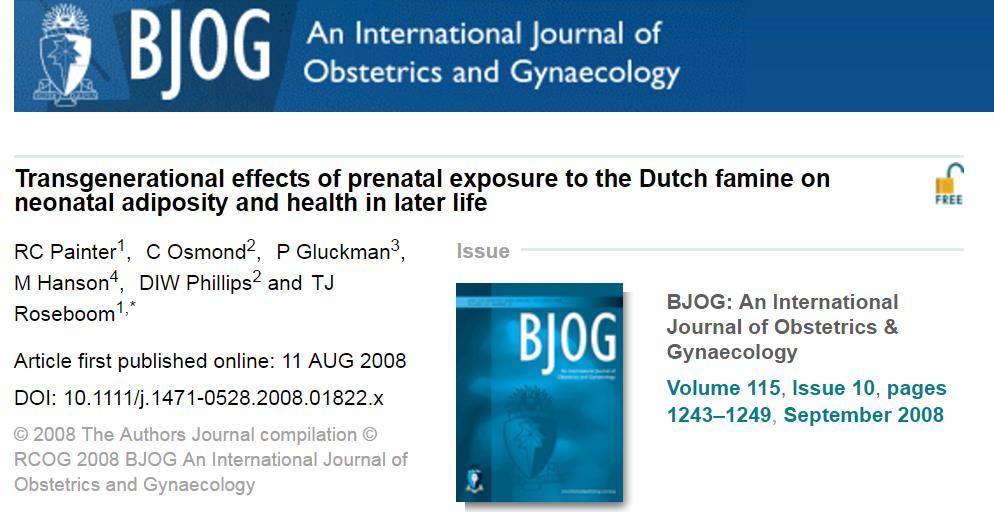 F1 famine exposure in utero was, however, associated with increased F2 neonatal adiposity and poor health in later life.
