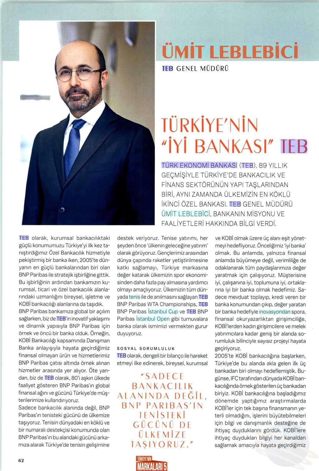 TÜRKIYE NIN IYI BANKASI TEB Yayın Adı : Capital Türkiye'nin Markaları