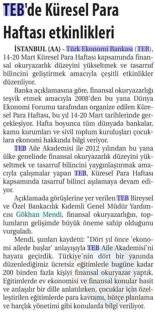 TEB DE KÜRESEL PARA HAFTASI ETKINLIKLERI Yayın Adı : Ticaret Gazetesi (Izmir)