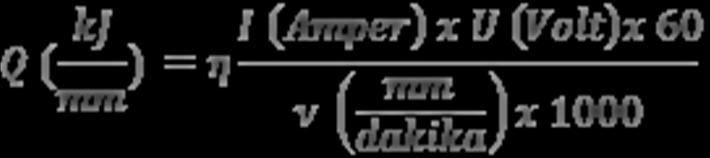 gerilimi (Volt) = kaynak akımı (Amper) = kaynak hızı (mm/dakika