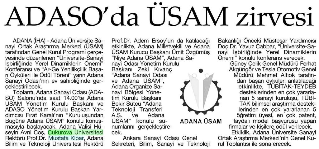 ADASO'DA ÜSAM ZIRVESI Yayın Adı : Adana Ilk Haber
