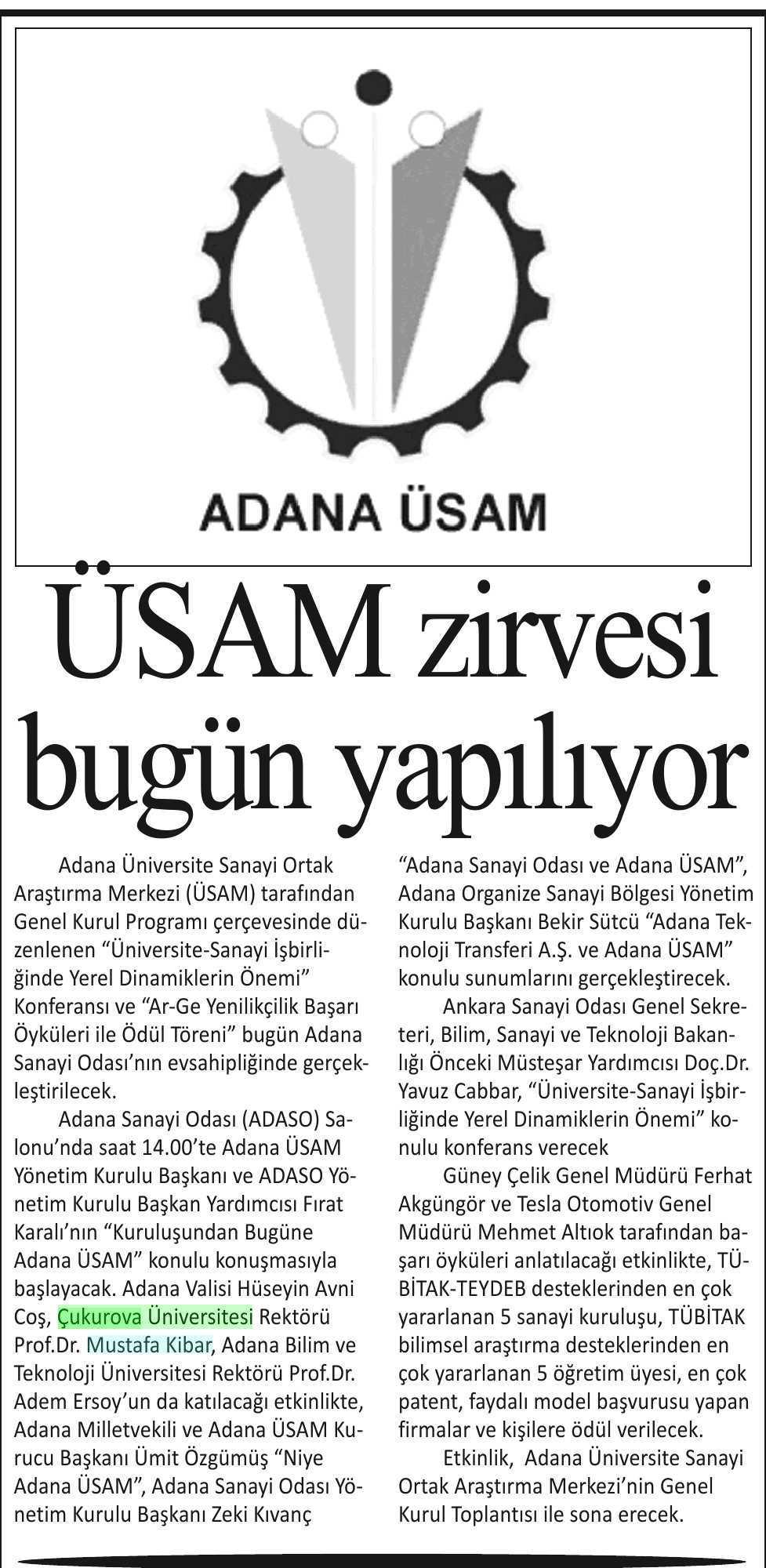 USAM ZIRVESI BUGÜN YAPILIYOR Yayın Adı : Adana Kent