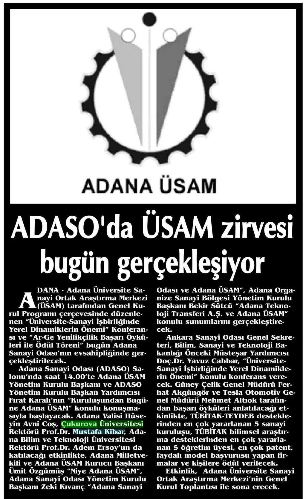 ADASO'DA ÜSAM ZIRVESI BUGÜN GERÇEKLESIYOR Yayın Adı : Adana