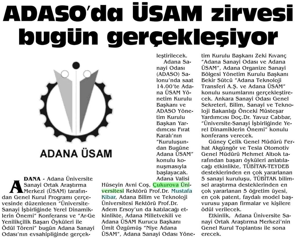 ADASO'DA USAM ZIRVESI BUGÜN GERÇEKLESIYOR Yayın Adı : Adana