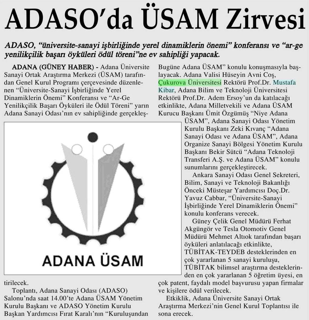 ADASO'DA ÜSAM ZIRVESI Yayın Adı : Adana Güney Haber Gazetesi