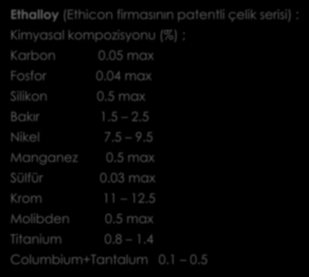 Ethalloy (Ethicon firmasının patentli çelik serisi) : Kimyasal kompozisyonu (%) ; Karbon 0.05 max Fosfor 0.04 max Silikon 0.