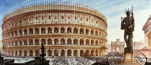 Roma mimarisi, Yunan mimarisindeki denge yerine gösterişli büyük ve bazen