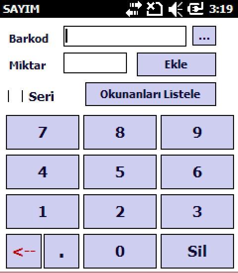 ÜRÜN OKUTMA EKRANI Lazer Tarama Tuşuna basılarak ürünün barkodu okutulur, ardından miktarı girilir ve Ekle butonuna basılır.