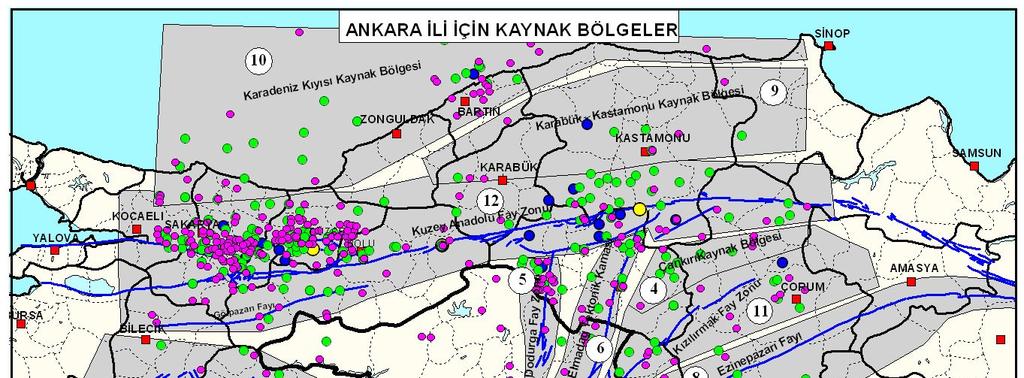 Ankara İçin Deterministik Deprem Tehlike Analizi B. Özmen, H. Can Şekil 2. Ankara ili için deprem üretme potansiyeli olan kaynak bölgeler (Seismogenic zones for Ankara province) Tablo 1.