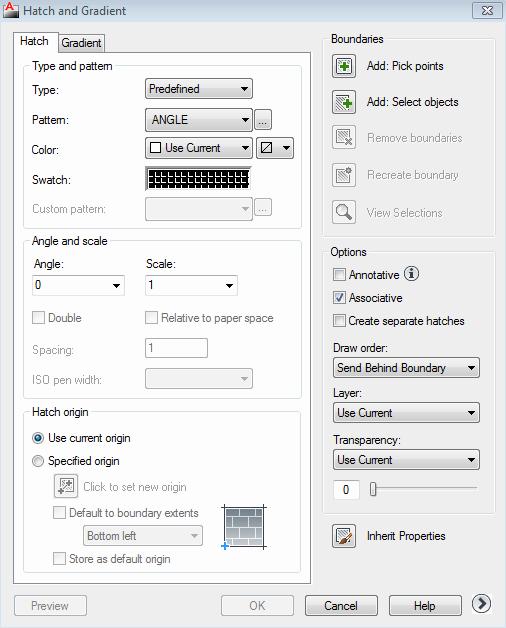 AutoCAD te Tarama Yapmak Hatch (Tarama) Tarama yapma Line H Hatch (tarama) komutu çalıştırıldığında aşağıdaki tarama ekranı açılır.