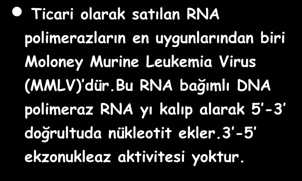 Ticari olarak satılan RNA polimerazların en uygunlarından biri Moloney Murine Leukemia Virus (MMLV) dür.