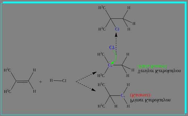 Reaksiyon mekanizmasından da görüleceği üzere, hidrojenin katılması iki tür karbokatyon