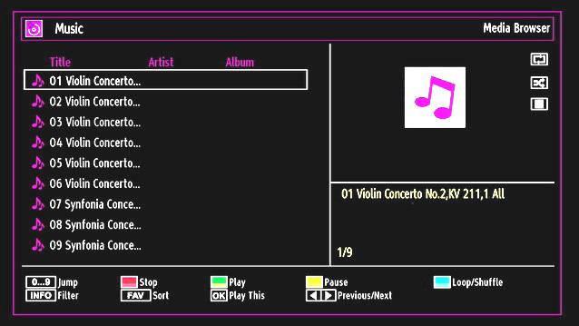 Viewing Music via USB When you select Music from the main options, available audio files will be filtered and listed on this screen. 0.