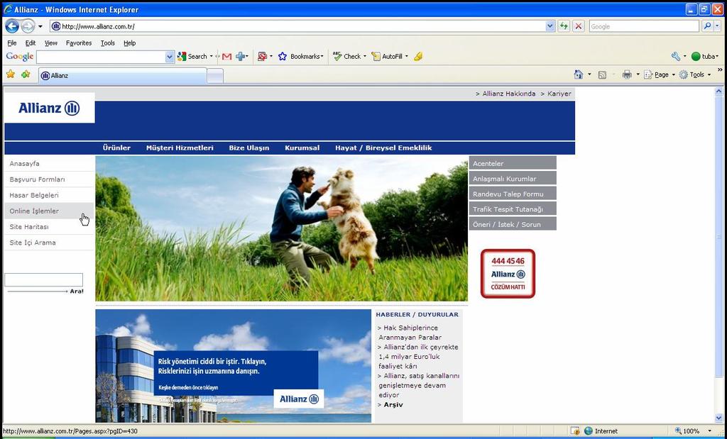 Port-ALL e ulaşmak için www.allianz.com.tr adresinden Online İşlemler menüsü seçilir.