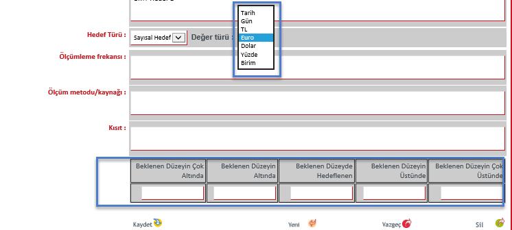 Resim 13 Hedef Türünün Seçilmesi ve Hedef Değerlerin Belirlenmesi Sonrasında hedeflenen limit değerler girilmelidir.