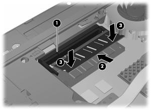 c. Bellek modülünün sol ve sağ kenarlarına basınç uygulayarak bellek modülünü (3) tutturma mandalları yerine oturana kadar hafifçe bastırın. 11.