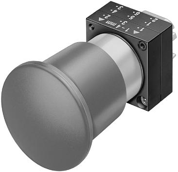 3TK28 Güvenlik Kombinasyonlarıyla da kullanılabilir (Bölüm 7 ye bakınız) Basmalı buton, Ø 32 mm EN 418 e göre kalıcı konumlu, çevrilerek çözülür.