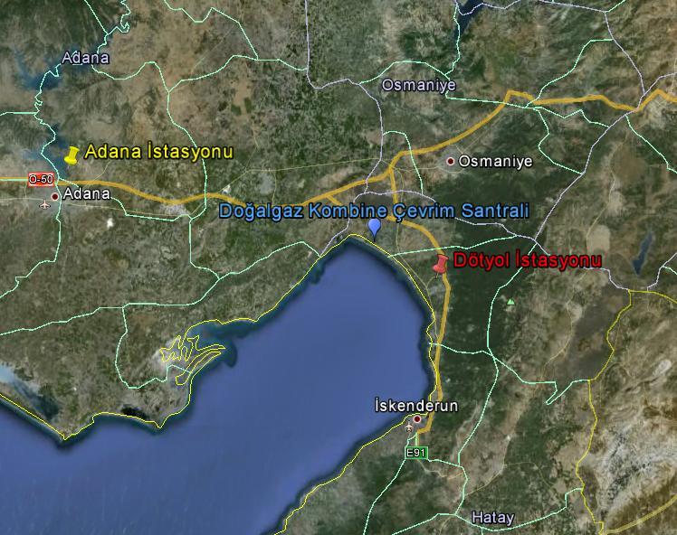Şekil 6.11 : DGKÇS ve Adana, Dörtyol istasyonlarının uydu görüntüsü. Çizelge 6.9 : Çalışmada kullanılan gözlem istasyonları coğrafi koordinat verileri.
