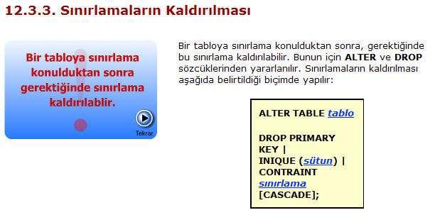 ALTER TABLE PERS ADD CONSTRAINT TEST FOREIGN KEY(YÖNETİCİSİ) REFERENCES (PERSONEL_NO); Örnek 1 BÖLÜM tablosu üzerindeki PRIMARY KEY sınırlamasını kaldırmak için şöyle bir yol izlenebilir: ALTER TABLE