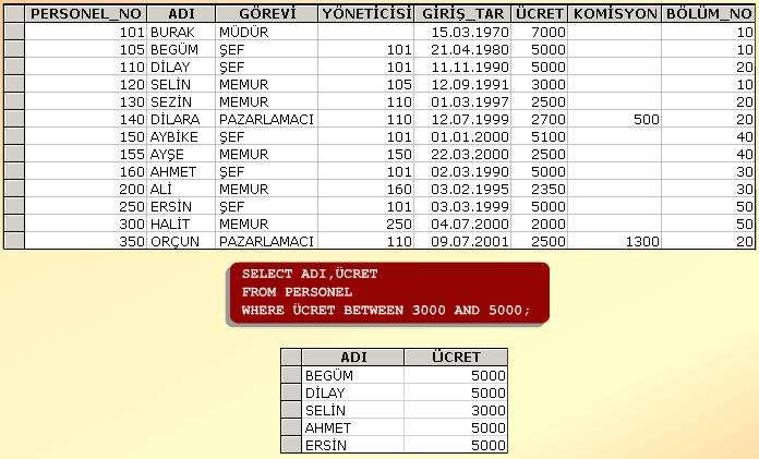 6.2.2.2 IN İşleci Sütun değerlerinin, bir listedeki değerler ile karşılaştırılması söz konusu ise, SELECT deyimi ile birlikte IN işleci kullanılır.