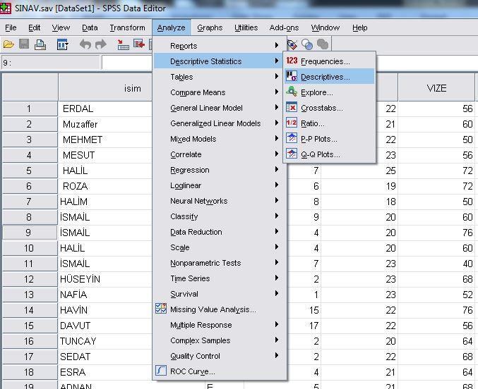 Descriptives menüsünde nicel olan değişkenlere ait mod, medyan, ortalama, st.
