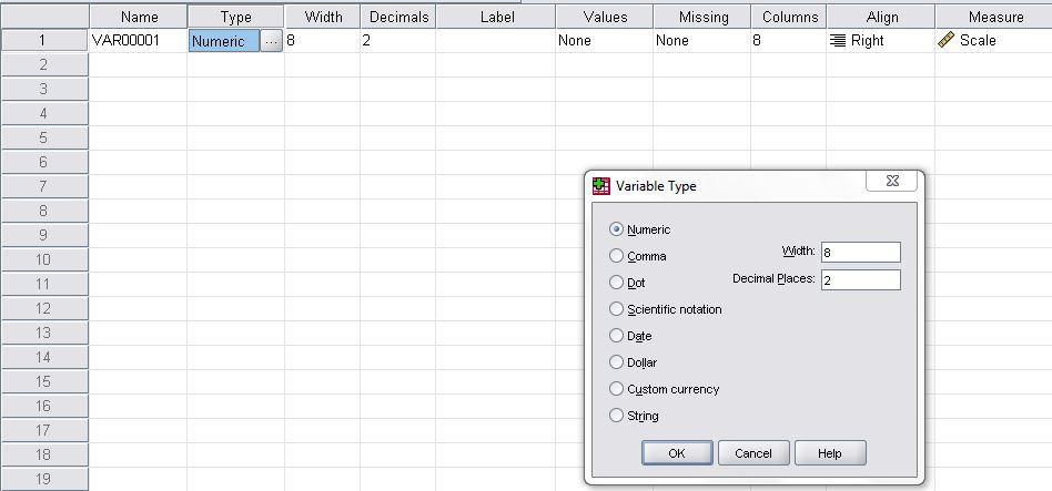 SPSS e girdiğimiz veriye ait değişkenin türünü belirtmemiz çok önemli. Genelde nitel veriler için (Kız, Erkek) String seçeneğini nicel veriler için Numeric seçeneğini işaretlememiz gerekiyor.