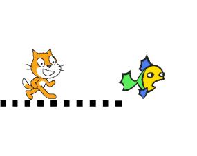 , Yukarıdaki resimde balık(karakter 2) sabit durmakta, kedi(karakter 1) ise balık ile kenar çizgisi arasında kesikli çizgi boyunca sürekli hareket etmektedir.