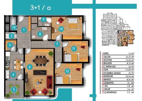60 m² 4 - Mutfak: 12.60 m² 5 -Balkon: 8.15 m² 6 - Salon: 32.25 m² 7 - Koridor: 10.70 m² 8 - Banyo: 5.