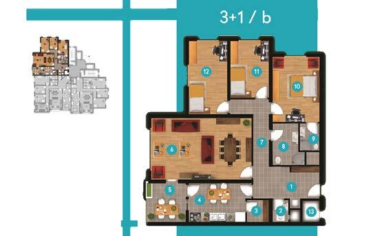 44 1 - Antre: 11.70 m² 2 - Wc: 1.90 m² 3 - Kiler: 2.60 m² 4 - Mutfak: 12.60 m² 5 -Balkon: 8.15 m² 6 - Salon: 32.25 m² 7 - Koridor: 10.