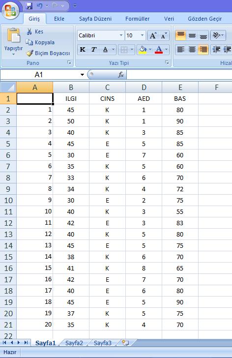 13 Görüldüğü gibi Excel programında veri seti hazırlarken ilk satır başlık satırı olarak düzenlenmektedir.