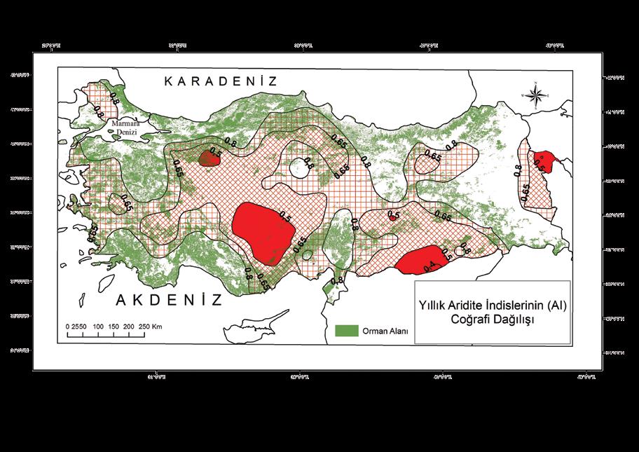 26 Şekil 6: Aridite İndisi (Aİ) değerlerine göre, Türkiye deki yarıkurak (tam kırmızı dolgu), kurakça-yarınemli (kırmızı çapraz tarama)