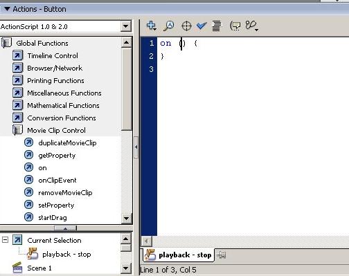 Sonra da Global Functions>Timeline Control> Stop diyelim. Aynı işlemleri Play butonu için de yapalım. o Global > Movie Clip Control > On dedikten sonra Release üzerinde çift tıklayalım.