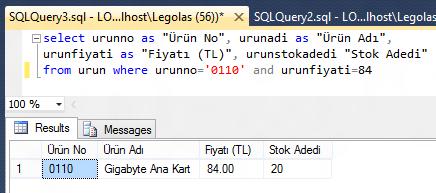Kısıt (Where) and ve or ile sorgular : Soru : 11- urun tablosundaki urunno 0110 ve