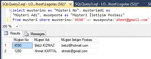 Kısıt (Where) and ve or ile sorgular : Soru : 12- musteri SQL tablosunda SERVER musterino MANAGEMENT 4590 veya