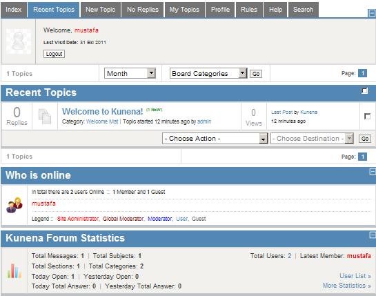 Şekil 7.8:Kunena formunun yayına başlaması ve ekran görüntüsü 7 Örneğin Main Forum kategorisine girdikten sonra İsim kısmına istediğiniz yeni kategori adını yazın.