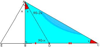 ABD dik üçgeninde ; m(adb)=90-x ADC üçgeninde ; m(dac)=90-2x ABD üçgeninin AB ye göre simetriği olan ABE üçgenini çizelim.