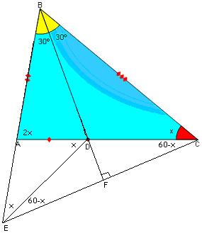 Açıların ölçüleri hesaplandığında ; ABE ve FBD üçgenleri ikizkenar olup FB = BD ve AB = BE dir. Diğer taraftan BEC üçgeni de ikizkenar üçgen olup BE = EC olur.
