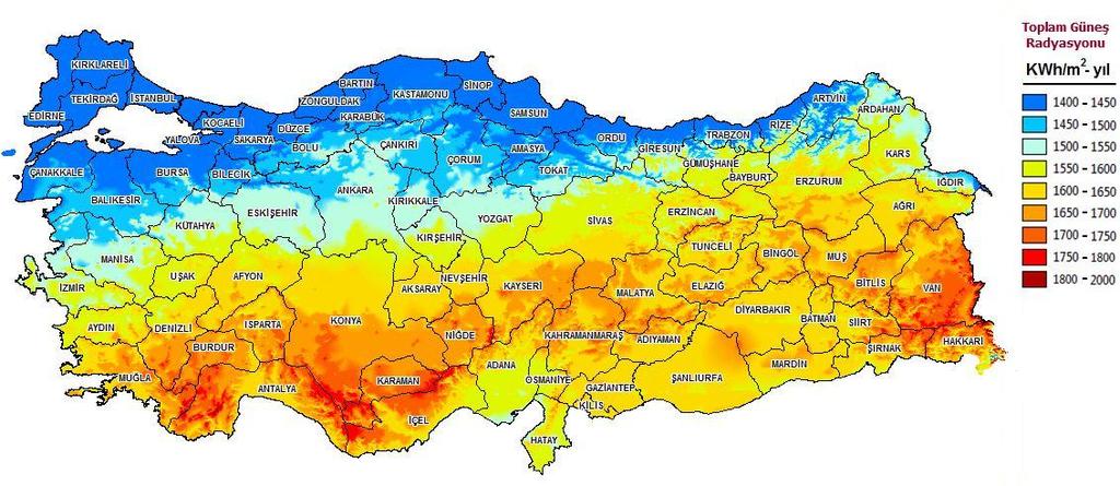 Şekil 3.4: Türkiye nin güneş enerjisi potansiyel atlası [55]. Şekil 3.