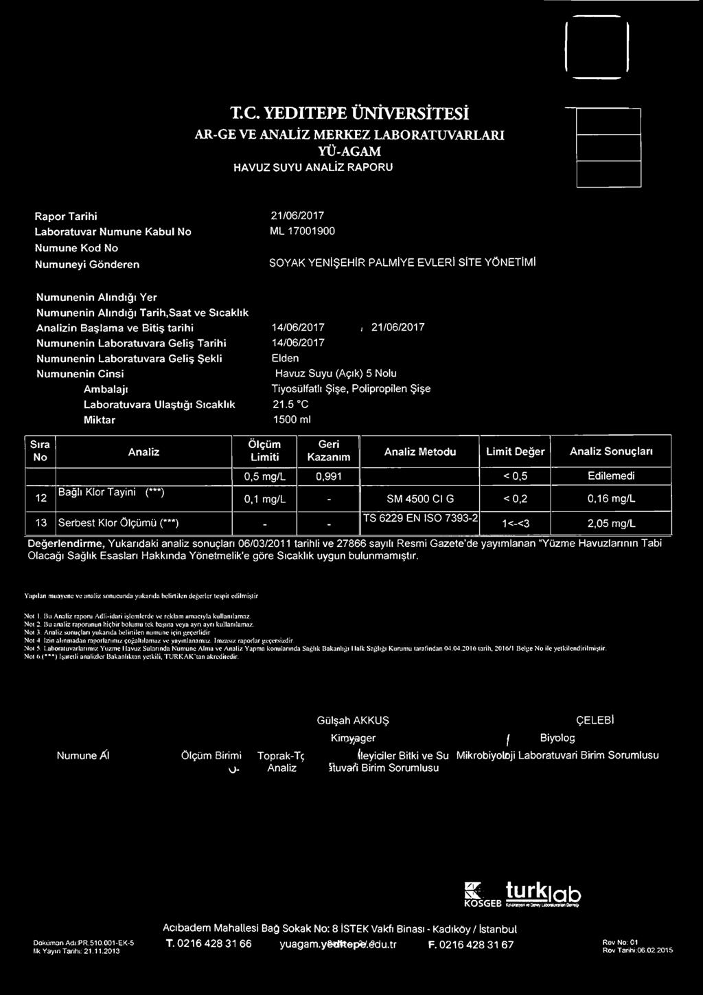 1<-<3 2,05 mg/l Değerlendirme, Yukarıdaki analiz sonuçları 06/03/2011 tarihli ve 27866 sayılı Resmi Gazete de yayımlanan Yüzme Havuzlarının Tabi Olacağı Sağlık Esasları Hakkında