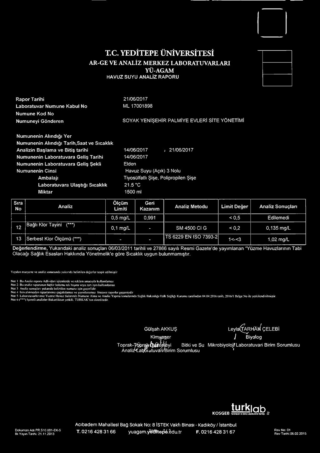 02 mg/l Değerlendirme, Yukarıdaki analiz sonuçları 06/03/2011 tarihli ve 27866 sayılı Resmi Gazete de yayımlanan Yüzme Havuzlarının Tabi Olacağı Sağlık Esasları Hakkında Yönetmelik e göre Sıcaklık