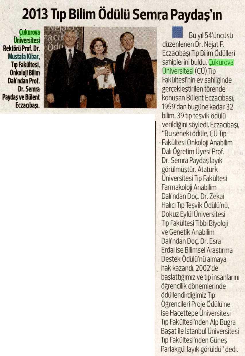 2013 TIP BILIM ÖDÜLÜ SEMRA PAYDAS'IN Yayın Adı : Hürriyet