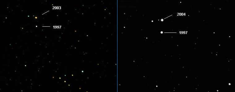 Şekil 4.12: Barnard yıldızının öz hareketi. 1997 ile 2003 ve 2004 yılları arasında ne kadar yer değiştirdiğini göstermektedir. Bir yılda dahi ne kadar yer değiştirdiğini farkedebilirsiniz.