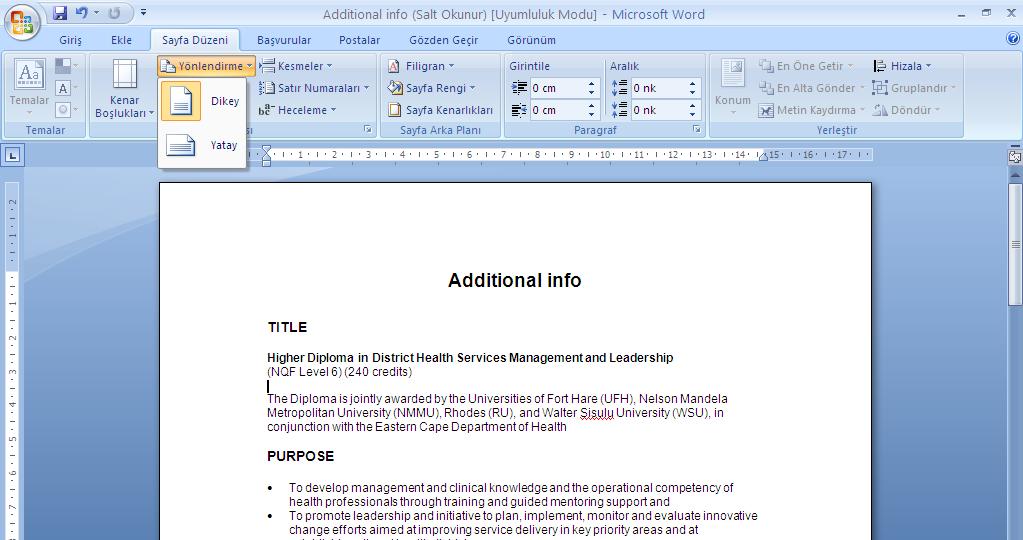 Sayfa sunumunu ayarlama Sayfa Düzeni sekmesi altında yer alan Sayfa Yapısı bölümündeki Yönlendirme aracı kullanılarak sayfanın yatay veya