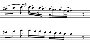 kullanmıştır. Legato yay tekniğini belirli bir düzen içerisinde değil melodik cümleleri oluşturan cümleciklerin ilk ve son notasına göre kullanmıştır. 3.5.2.