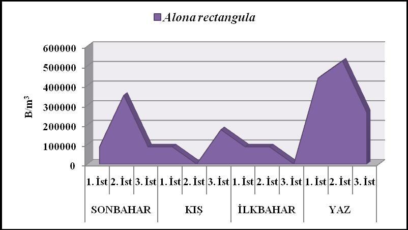 almıģtır. Bunu 525.000 B/m 3 ile 3. Ġstasyon izlemiģtir. Türün mevsimlere göre değerlendirilmesi yapıldığında en yüksek değerin 1.225.000 B/m 3 ile Yaz mevsiminde, en düģük değerin ise 175.